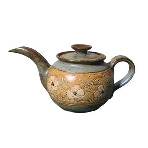 Vintage Pottery Salt Glazed Tea Pot Signed~Floral Design